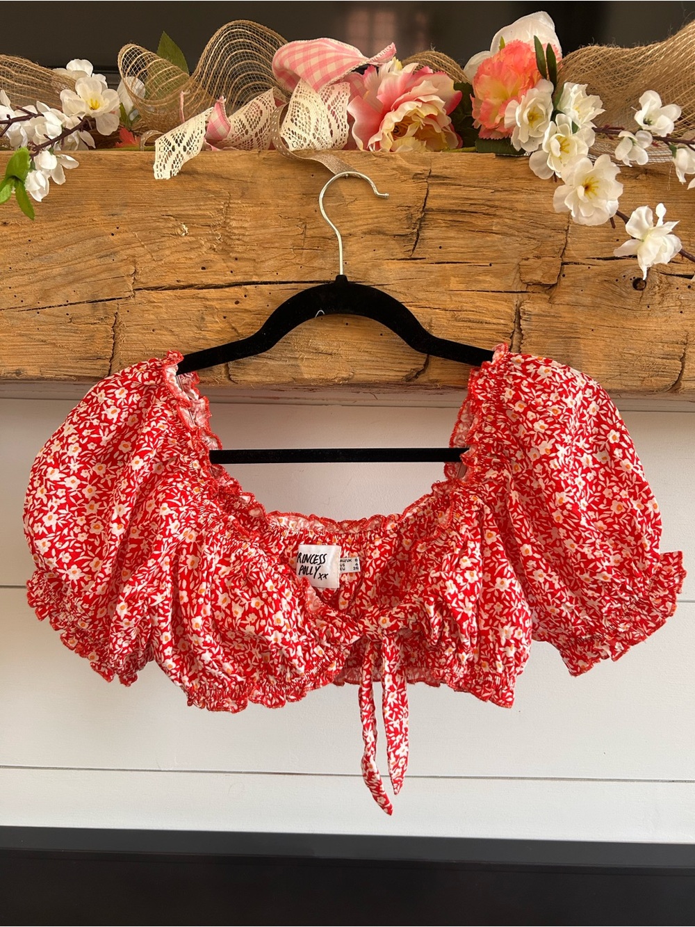 Princess Polly Red Floral Tie-Front Puff-Sleeve Crop Top